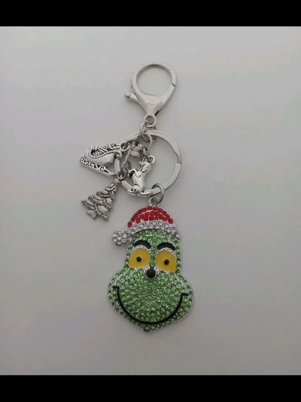 HANDMADE RHINESTONE CHRISTMAS SANTA GRINCH SILVER keychain/purse dangle